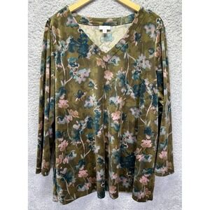 J Jill Pure Jill  Large Tunic Top Floral Velour Velvet V Neck Long Slv Soft 2X